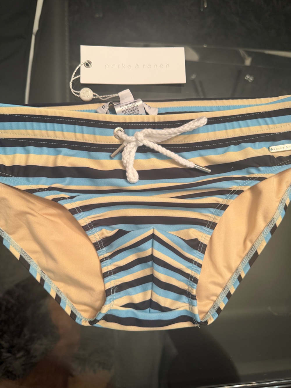 & Other Stories Striped Men’s Swim Briefs in Beige, Light Blue, Navy